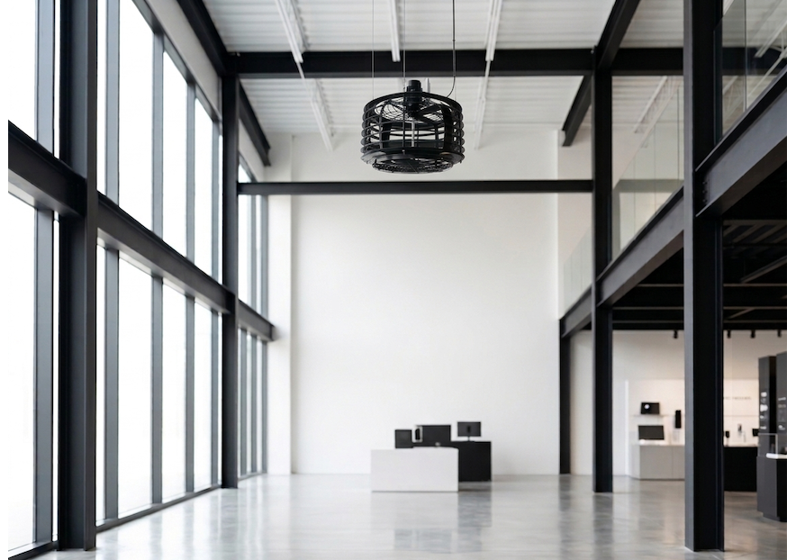 Déstratificateur EC intégré au plafond d'un volume tertiaire à grande hauteur